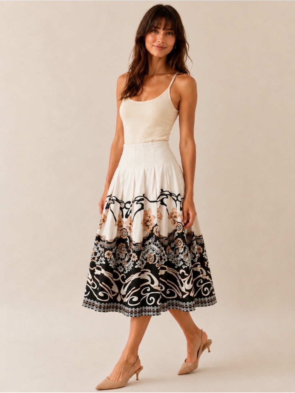 Vintage Cartise White & Black Pleated Floral Midi Skirt 100% Cotton Size 8